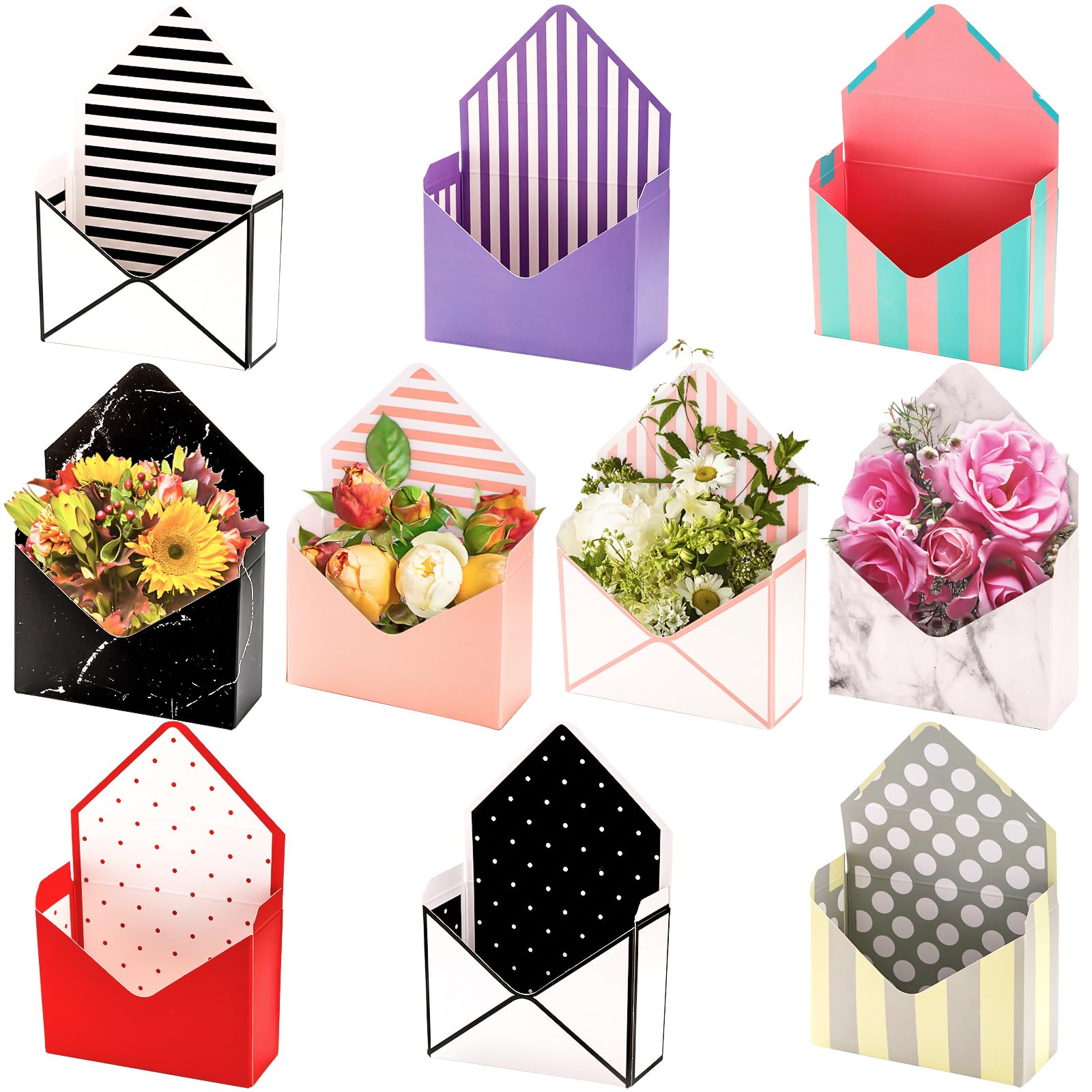 Elsjoy Set of 10 Florist Bouquet Envelope Boxes, 10 Styles Flower Bouquet Packaging Gift Paper Boxes for Wedding, Party, Birthday, Mother's Day