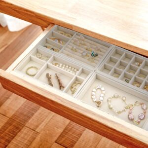 Elsjoy Set of 8 Velvet Jewelry Tray, Drawer Insert Divided Storage Holder Stackable Jewelry Organizer, Necklace Bracelet Display Tray for Earring, Ring, Brooch, Watch, 8.3"x5"x1" Beige 4 Styles