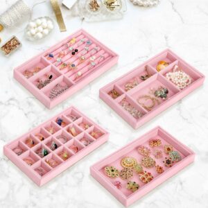 Elsjoy 8 Pack Pink Velvet Jewelry Tray, Drawer Insert Jewelry Organizer Tray Stackable Jewelry Storage Holder, Divided Earring Display Trays for Necklace, Ring, Bracelet, 4 Styles