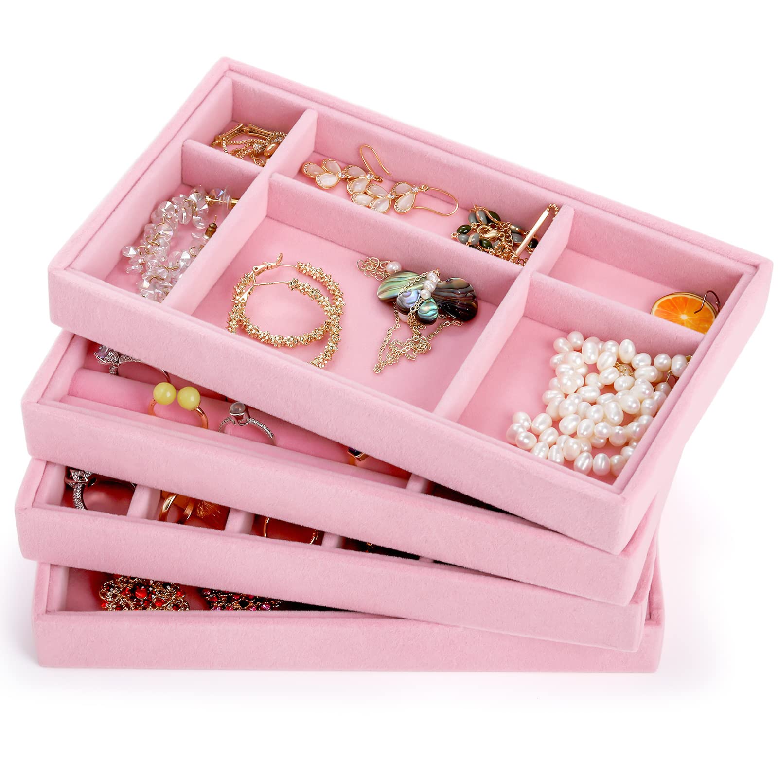 Elsjoy 8 Pack Pink Velvet Jewelry Tray, Drawer Insert Jewelry Organizer Tray Stackable Jewelry Storage Holder, Divided Earring Display Trays for Necklace, Ring, Bracelet, 4 Styles