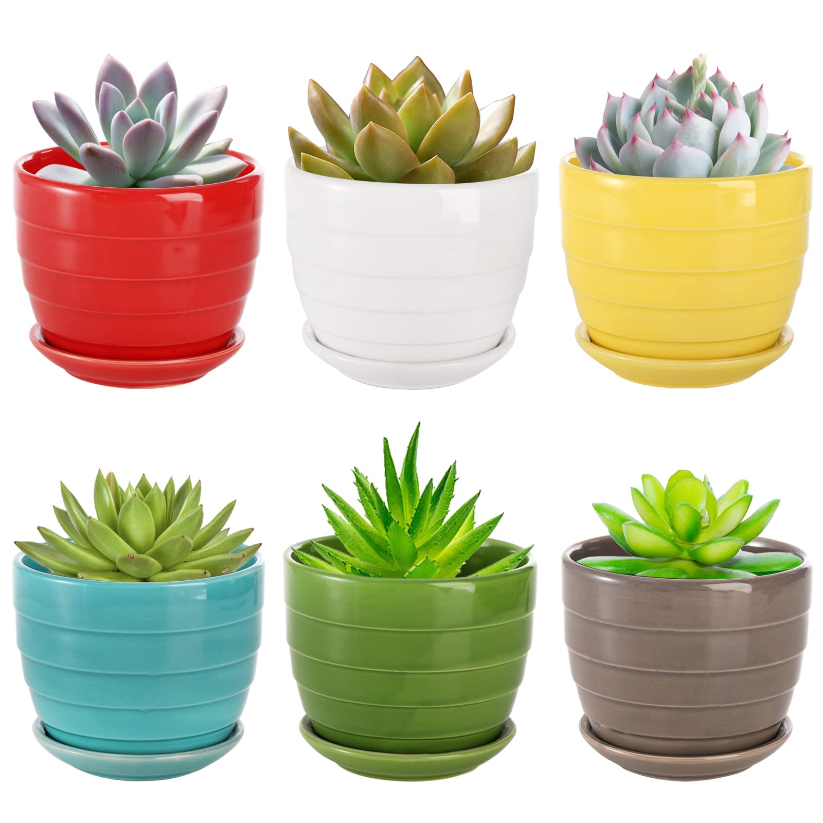 Elsjoy Set of 6 Ceramic Succulents Planter with Drainage Tray, 4.3 Inch Decorative Flower Pots Saucer Small Planter Pot for House Plants, Indoor Outdoor Plants, 6 Colors