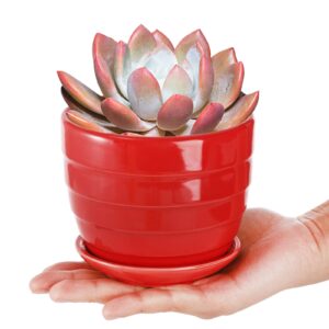 Elsjoy Set of 6 Ceramic Succulents Planter with Drainage Tray, 4.3 Inch Decorative Flower Pots Saucer Small Planter Pot for House Plants, Indoor Outdoor Plants, 6 Colors