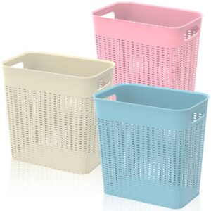 elsjoy 3 pack 3 gallon plastic trash can slim waste basket, large garbage can cute trash bin with handles, hollow-out rubbish bin for bathroom, kitchen, office, dorm, 3 colors