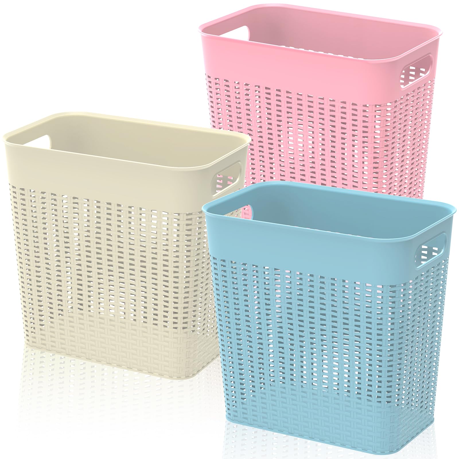 Elsjoy 3 Pack 3 Gallon Plastic Trash Can Slim Waste Basket, Large Garbage Can Cute Trash Bin with Handles, Hollow-Out Rubbish Bin for Bathroom, Kitchen, Office, Dorm, 3 Colors