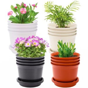 elsjoy set of 16 plastic planter pots with drainage saucer, 6 inch flowers pot decorative plant pots for succulents, house plants, garden, 4 colors