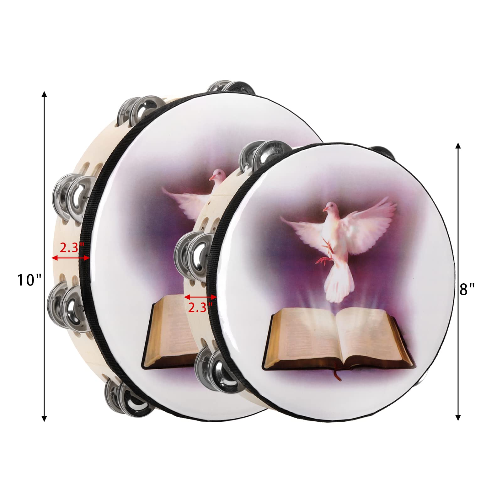 Elsjoy Set of 2 Tambourine, 10" and 8" Dove and Bible Church Tambourine with Double Row Jingle, Wooden Handbell Hand Clap Drum Percussion Instrument