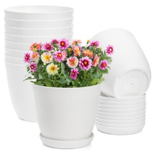 elsjoy set of 10 plastic planter pots with drainage hole and saucer, 6.5 inch white flower pot decorative succulent plant pots for house plants, garden, indoor & outdoor