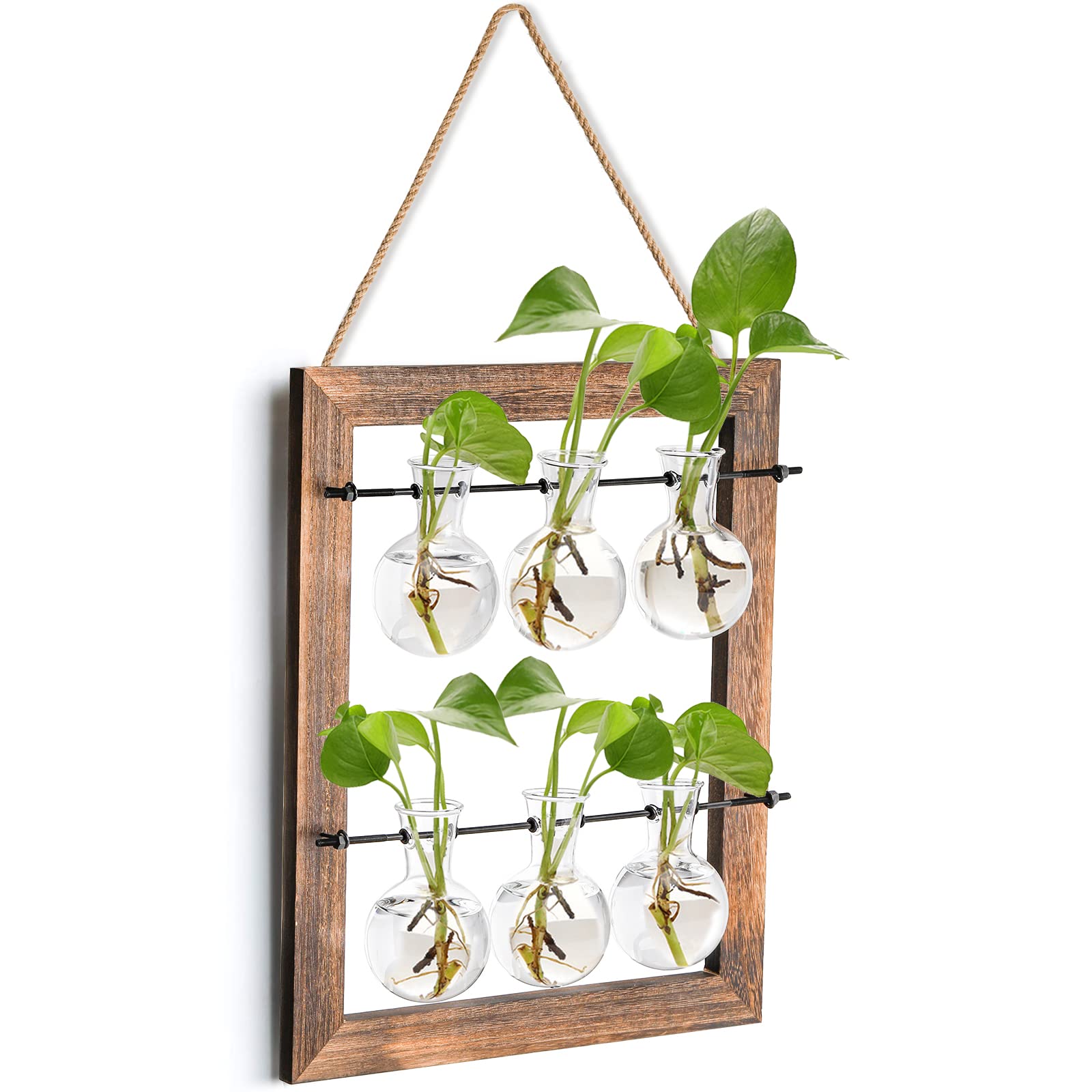 Elsjoy Wall Hanging Glass Planter, Double Layer Plant Terrarium Propagation Station, Mini 6 Bulb Vase with Wooden Stand and Rope for Hydroponics Plants, Home Decor, Indoor Outdoor