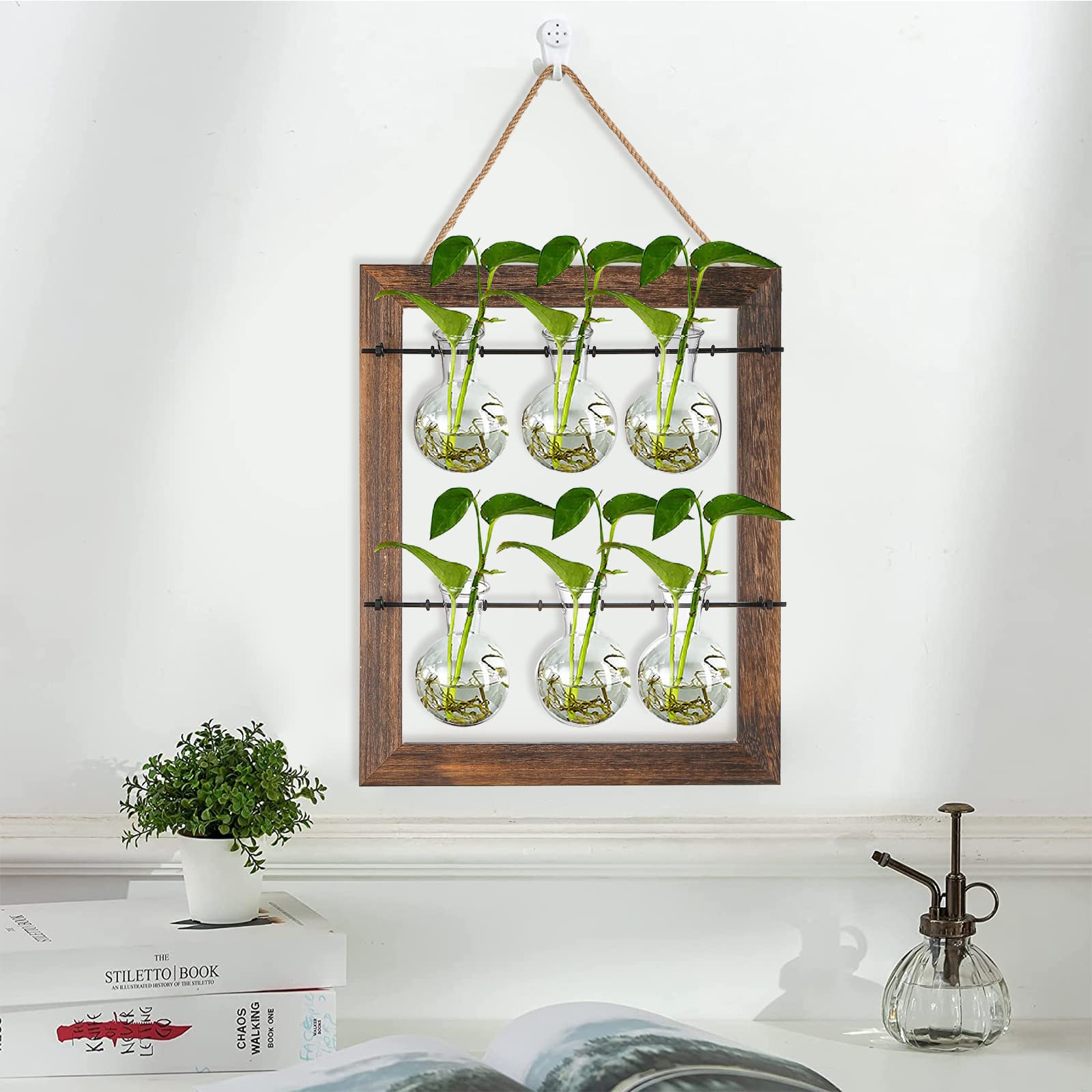 Elsjoy Wall Hanging Glass Planter, Double Layer Plant Terrarium Propagation Station, Mini 6 Bulb Vase with Wooden Stand and Rope for Hydroponics Plants, Home Decor, Indoor Outdoor