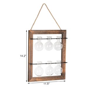 Elsjoy Wall Hanging Glass Planter, Double Layer Plant Terrarium Propagation Station, Mini 6 Bulb Vase with Wooden Stand and Rope for Hydroponics Plants, Home Decor, Indoor Outdoor