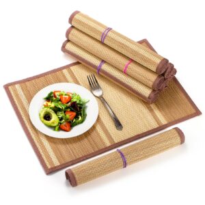 Elsjoy 8 Pack Bamboo Placemat, 17 x 12 Bamboo Slat Mat Natural Dining Table Mat, Japanese Style Bamboo Sushi Roller Mat Anti-Slip Heat-Resistant Brown Table Mats for Dining Room, Kitchen