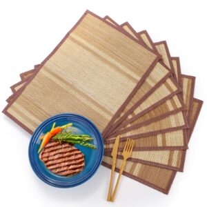 Elsjoy 8 Pack Bamboo Placemat, 17 x 12 Bamboo Slat Mat Natural Dining Table Mat, Japanese Style Bamboo Sushi Roller Mat Anti-Slip Heat-Resistant Brown Table Mats for Dining Room, Kitchen