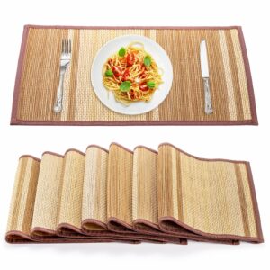 Elsjoy 8 Pack Bamboo Placemat, 17 x 12 Bamboo Slat Mat Natural Dining Table Mat, Japanese Style Bamboo Sushi Roller Mat Anti-Slip Heat-Resistant Brown Table Mats for Dining Room, Kitchen