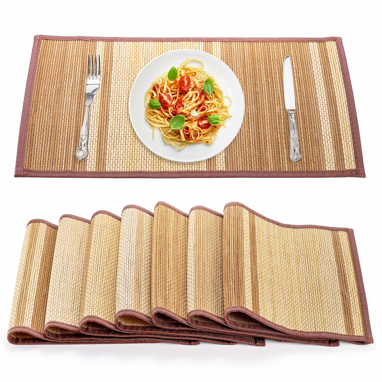 Elsjoy 8 Pack Bamboo Placemat, 17 x 12 Bamboo Slat Mat Natural Dining Table Mat, Japanese Style Bamboo Sushi Roller Mat Anti-Slip Heat-Resistant Brown Table Mats for Dining Room, Kitchen