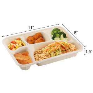 Elsjoy 50 Pack 5-Compartment Disposable Plates, 11" x 8" Compostable School Lunch Tray Divided Paper Plates, Eco-Friendly Sectional Plate Paper Tray for School, Party, Made of Sugar Cane Fiber