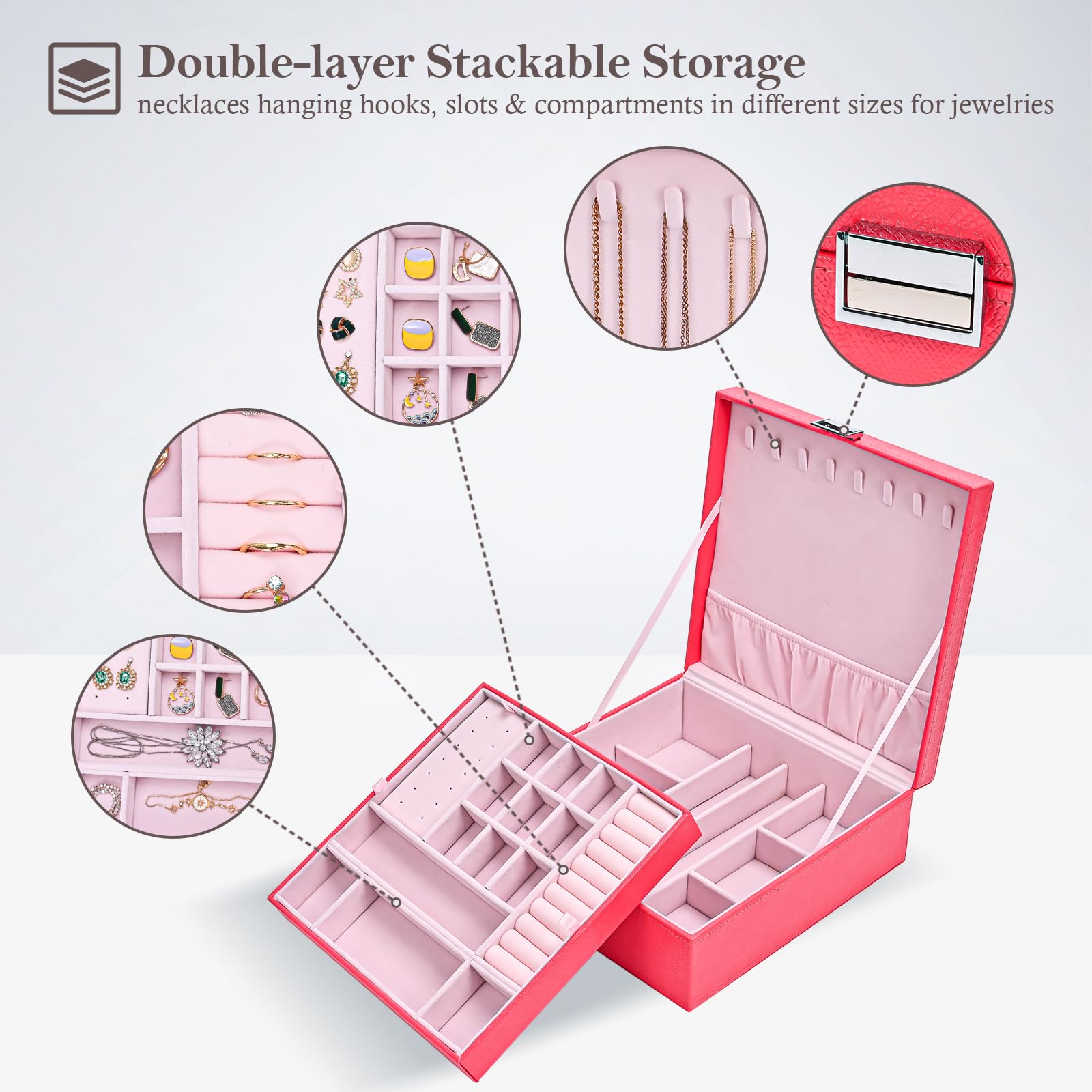 ProCase Jewelry Box for Women, 2 Layers Large Leather Jewelry Organizer Storage Case with Removable Pad for Earrings -Watermelonred