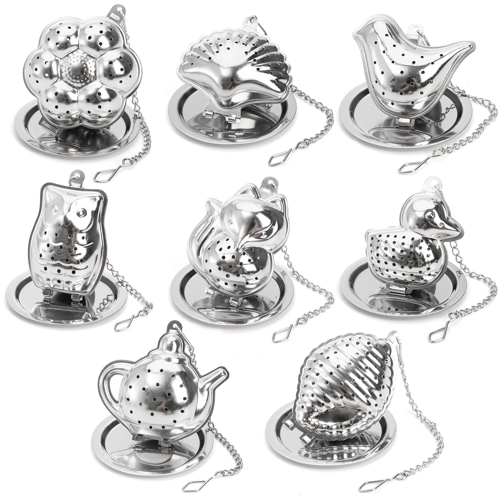 Elsjoy Set of 8 Loose Leaf Tea Infusers with Chain and 8 Drip Trays, 18/8 Stainless Steel Tea Balls Cute Tea Steepers, Mini Tea Strainer Tea Filter Set for Mugs, Tea Cups, Teapots, 16 Pcs