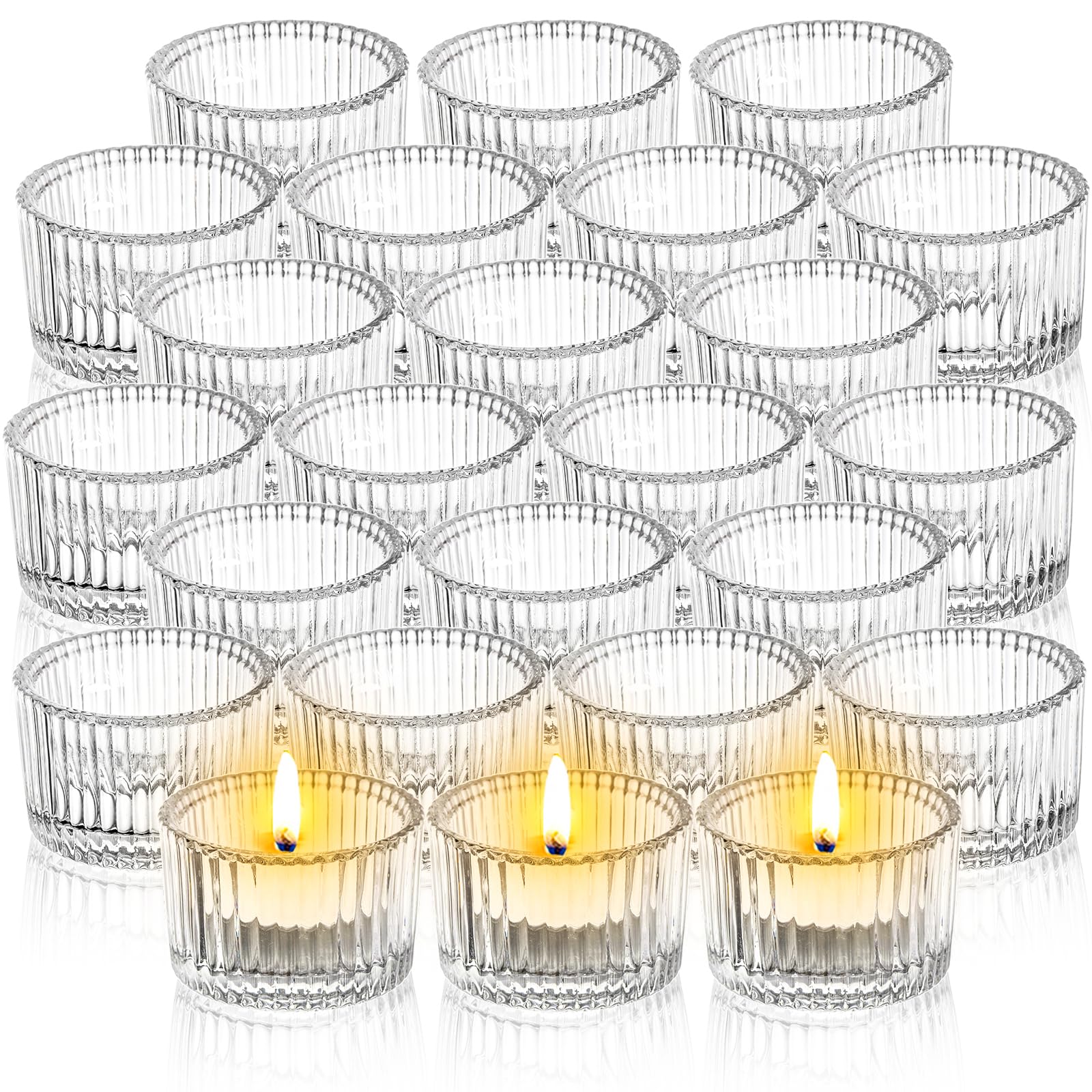 Elsjoy 24 Pack Glass Tealight Candle Holder, 2" x 1.4" Small Clear Glass Votive Candle Holders Mini Ribbed Tealight Holder for Wedding, Birthday, Festival, Table Centerpiece