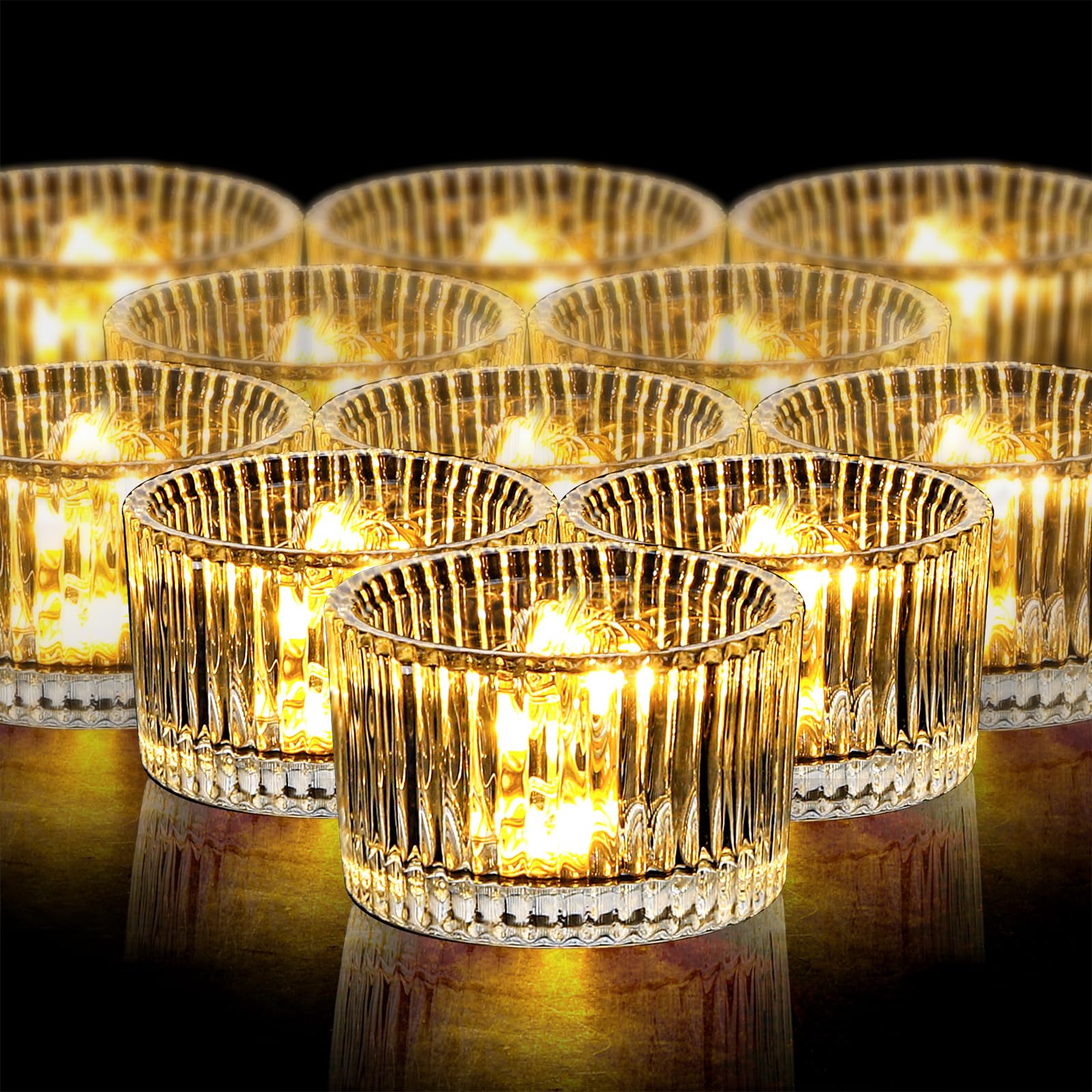 Elsjoy 24 Pack Glass Tealight Candle Holder, 2" x 1.4" Small Clear Glass Votive Candle Holders Mini Ribbed Tealight Holder for Wedding, Birthday, Festival, Table Centerpiece