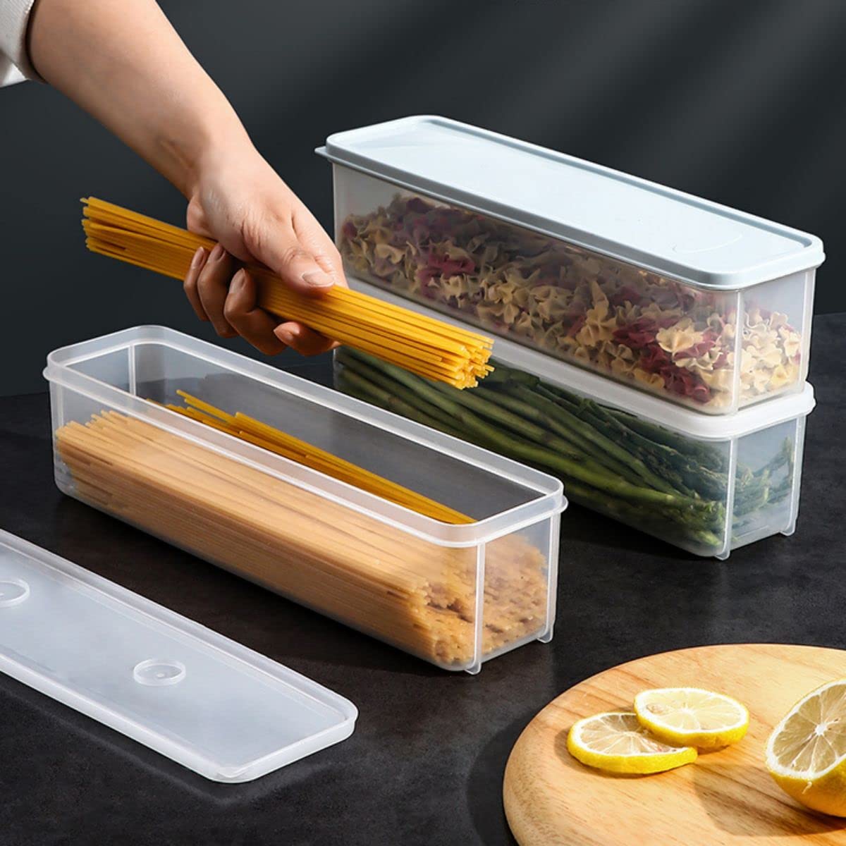 Elsjoy 6 Pack Plastic Pasta Container, Clear Spaghetti Storage Container Organizer with Lid, Stackable Long Noodle Holder for Pantry, Kitchen, Cabinet