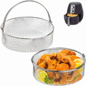 elsjoy 2 pack air fryer basket, 8 inch air fryer replacement accessory mesh basket with handle, 18/8 stainles steel steamer basket for air fryer, instant pot, oven, steamer