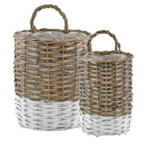 auldhome wall hanging baskets (set of 2, gray w/white); woven wicker rustic farmhouse two-tone door baskets, small and medium size