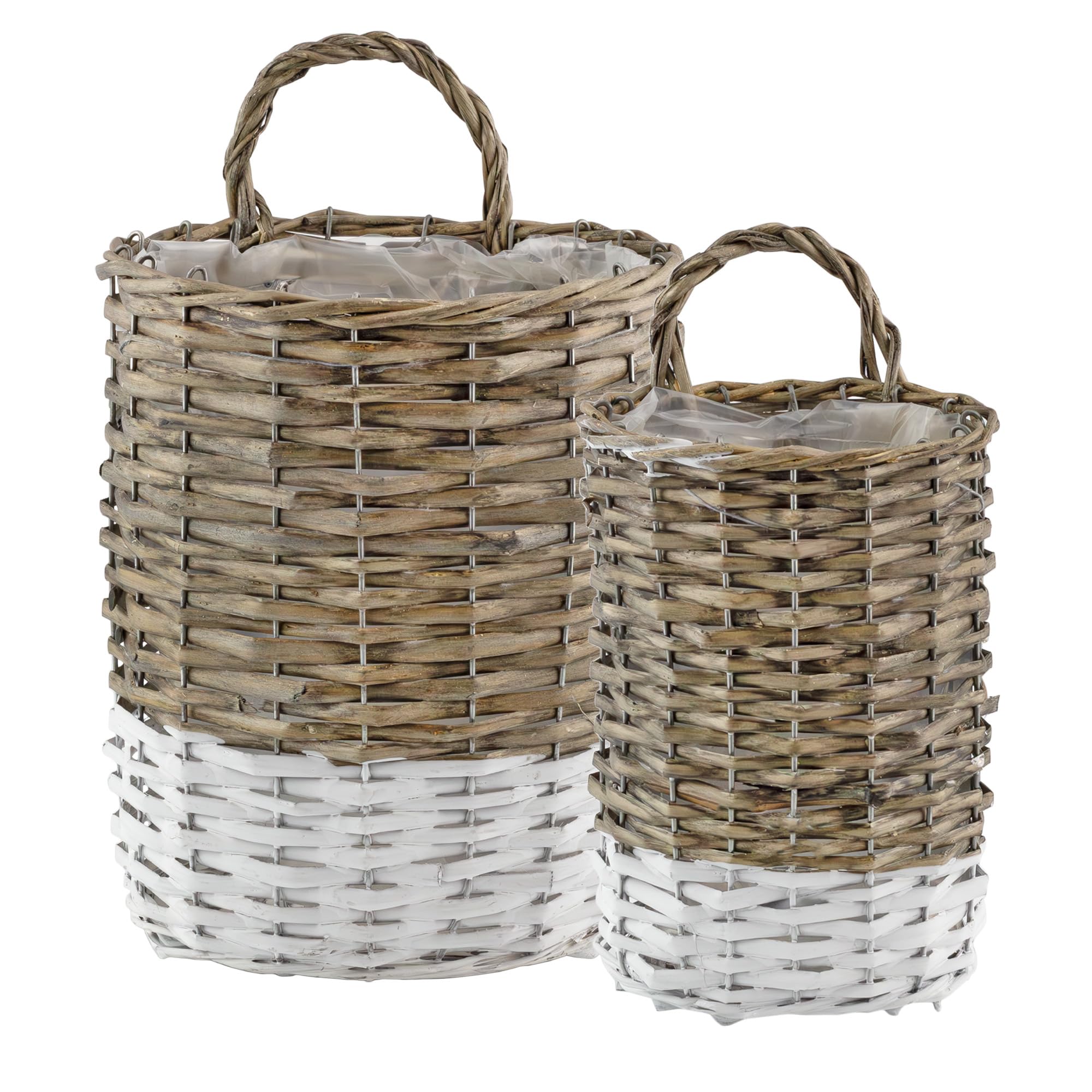 AuldHome Wall Hanging Baskets (Set of 2, Gray w/White); Woven WIcker Rustic Farmhouse Two-Tone Door Baskets, Small and Medium Size