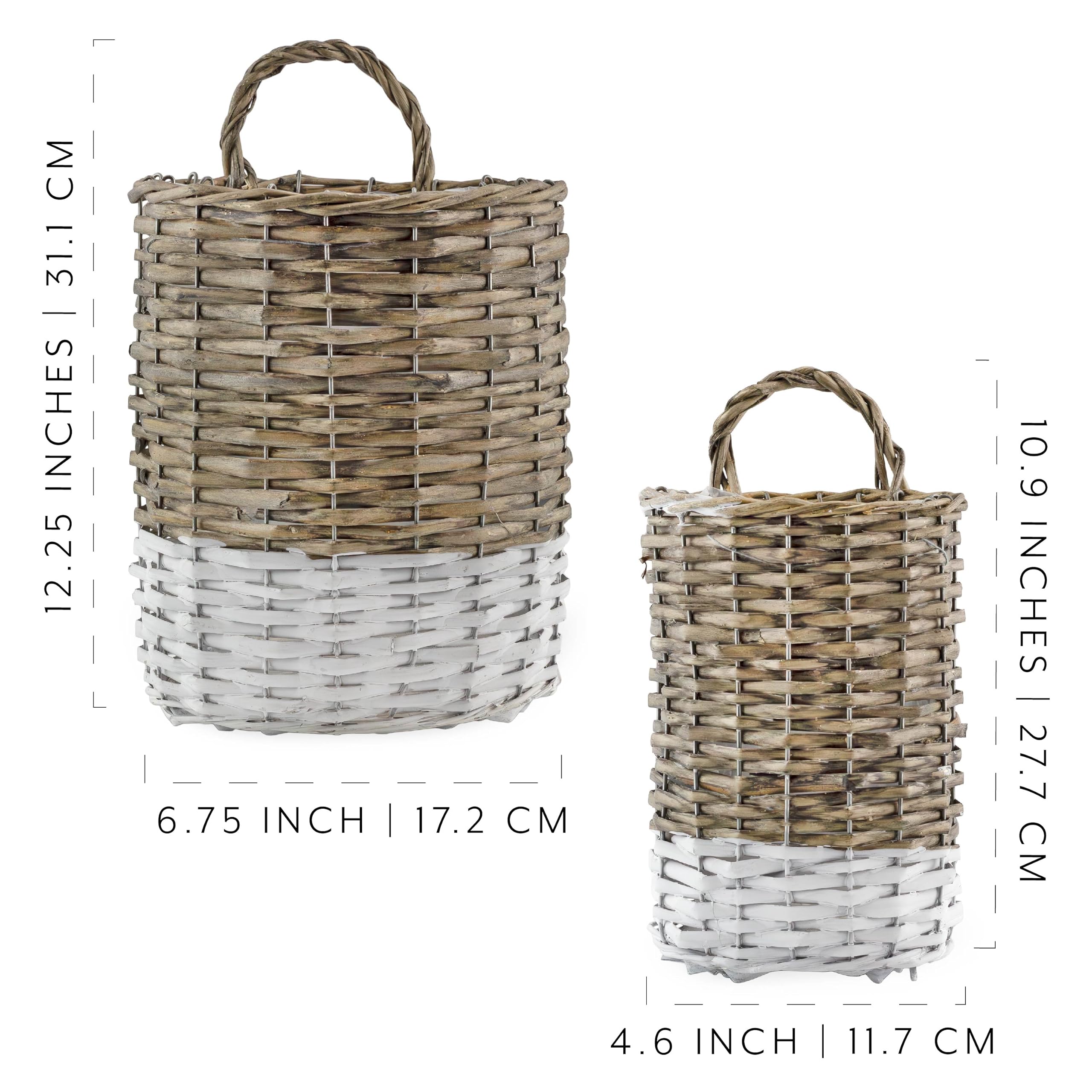 AuldHome Wall Hanging Baskets (Set of 2, Gray w/White); Woven WIcker Rustic Farmhouse Two-Tone Door Baskets, Small and Medium Size