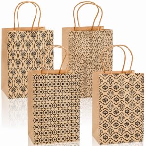 Elsjoy 100 Pack Kraft Paper Bags with Handles, 5.3x3.8x8 Brown Small Gift Wrap Bags Geometric Kraft Shopping Bags Merchandise Bags for Packaging, Party Favor, Retail Stores, 4 Styles