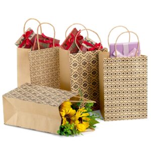 Elsjoy 100 Pack Kraft Paper Bags with Handles, 5.3x3.8x8 Brown Small Gift Wrap Bags Geometric Kraft Shopping Bags Merchandise Bags for Packaging, Party Favor, Retail Stores, 4 Styles