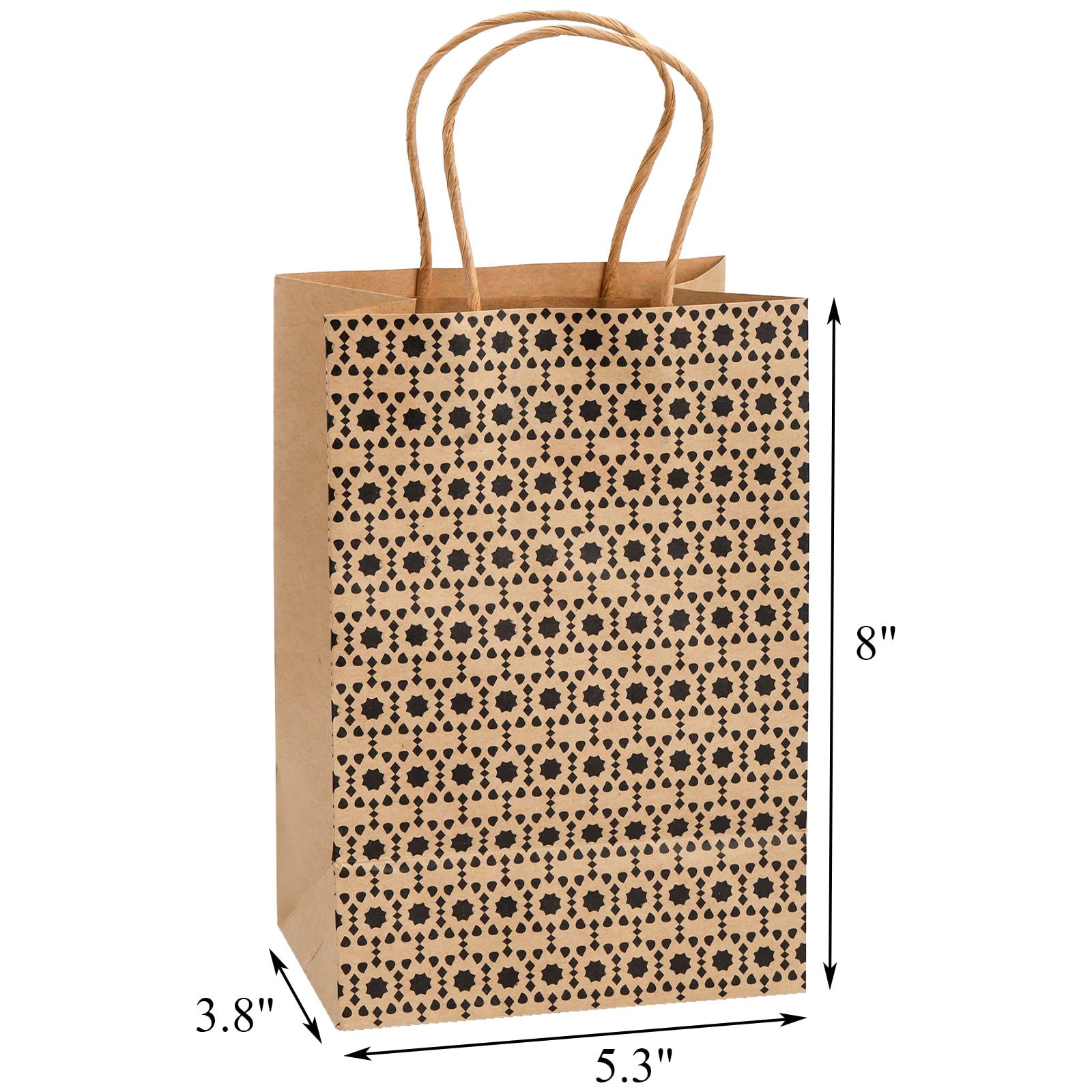 Elsjoy 100 Pack Kraft Paper Bags with Handles, 5.3x3.8x8 Brown Small Gift Wrap Bags Geometric Kraft Shopping Bags Merchandise Bags for Packaging, Party Favor, Retail Stores, 4 Styles