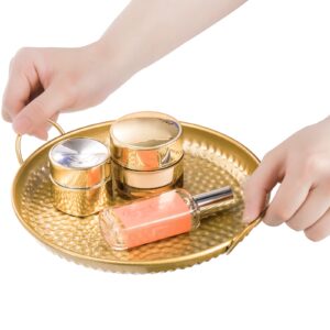 Elsjoy Set of 4 Gold Jewelry Tray, 8 Inch Round Gold Serving Tray Metal Decorative Vanity Tray, Golden Trinket Dish Perfume Tray for Makeup, Necklace, Bathroom, Dresser