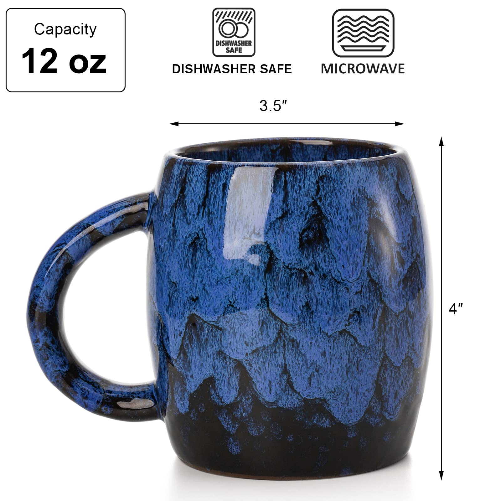 Elsjoy Set of 2 Ceramic Coffee Mugs, 12 Oz Kiln Glaze Porcelain Mugs with Handle, Vintage Coffee Mugs Gift for Home, Office, Dishwaher and Microwave Safe, Retro Blue & White