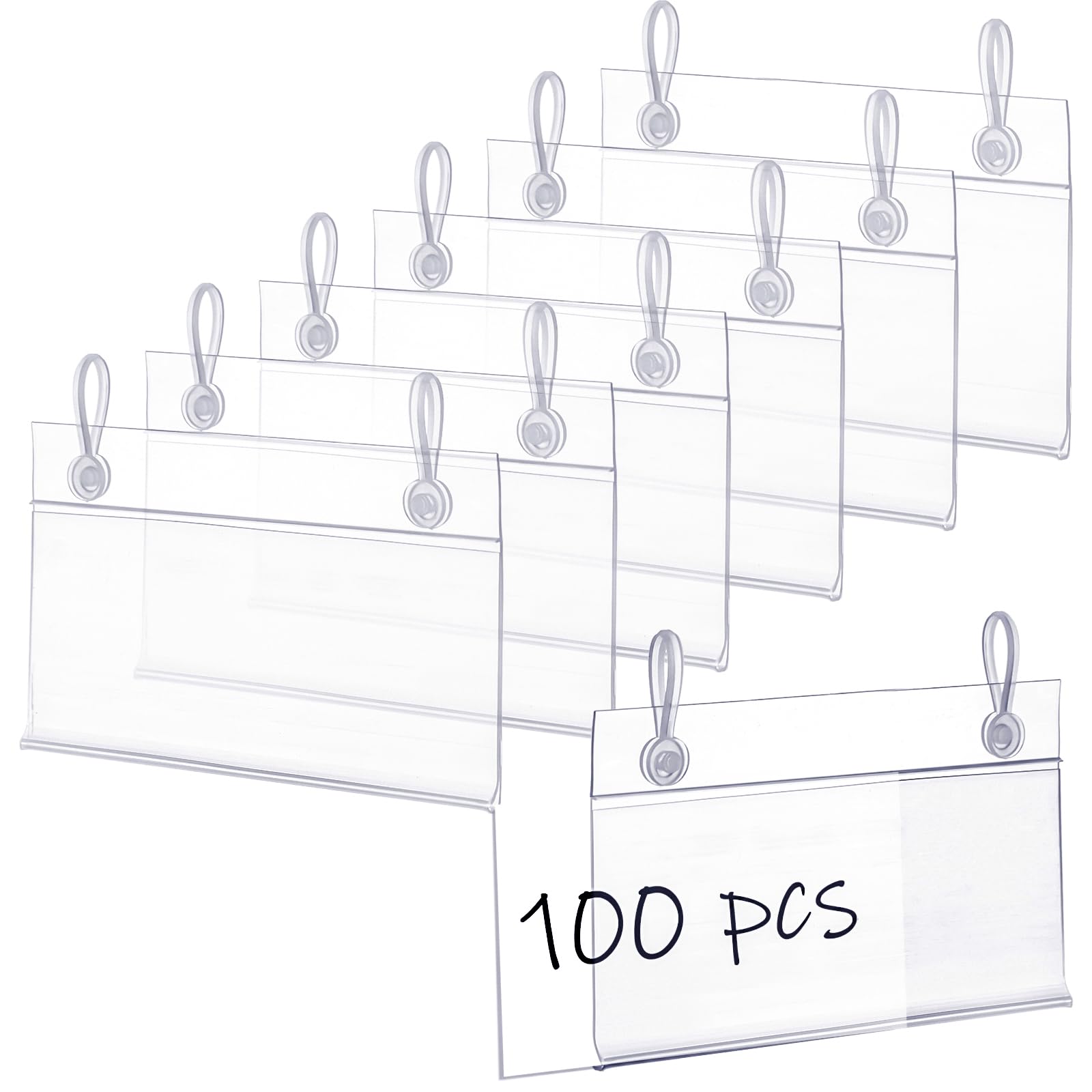 Elsjoy 100 Pack Plastic Wire Shelf Label Holders, 4" x 2.3" Clear Price Tag Holder Sign & Ticket Holder with Double Snap Lock Closure, Reusable Basket Label Holders for Market, Retail Shop, Pantry