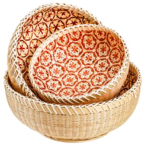 elsjoy set of 3 wicker woven storage basket, bamboo bread basket round rattan serving basket farmhouse decor for fruits, vegetables, potatoes, stackable 9.6"/8"/7"