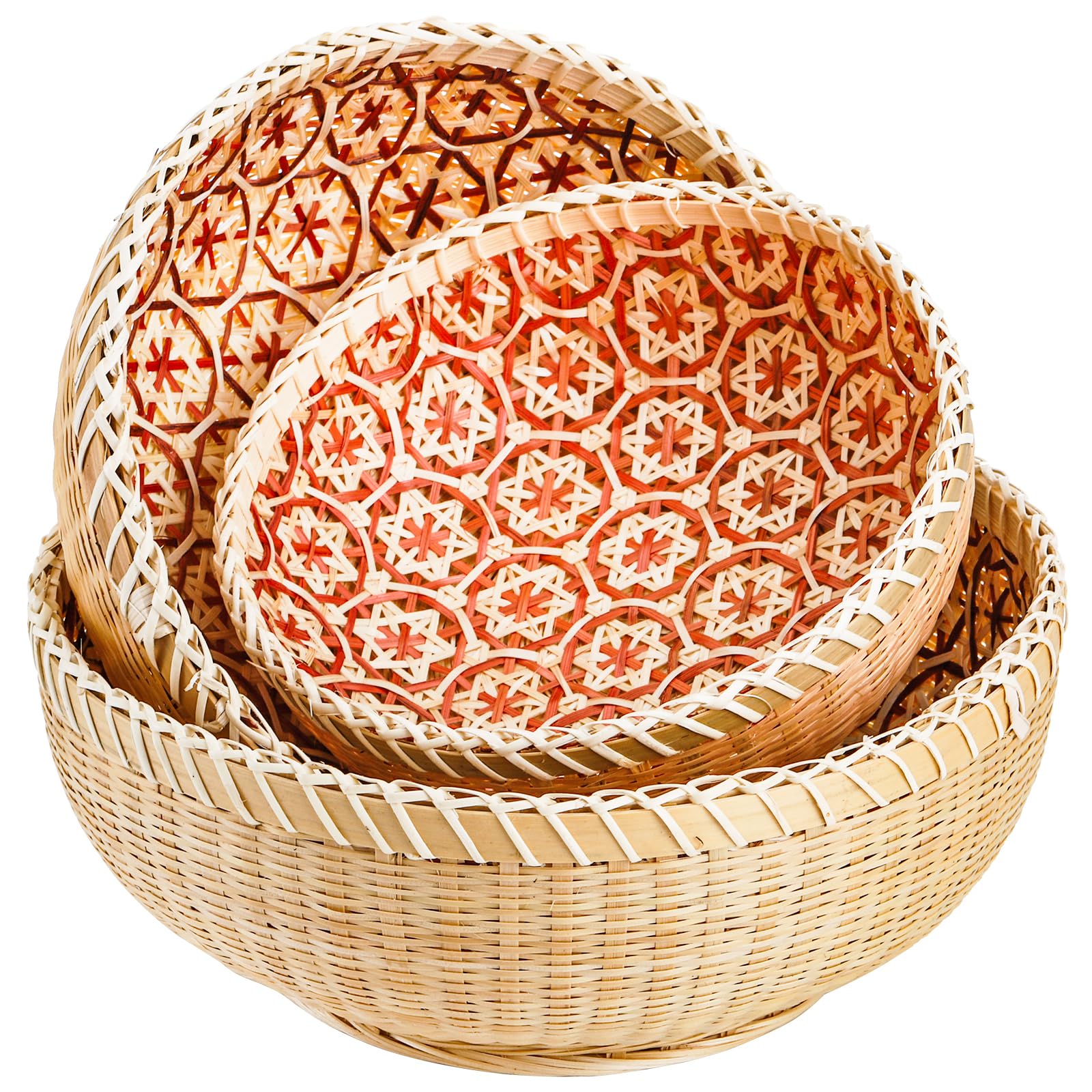 Elsjoy Set of 3 Wicker Woven Storage Basket, Bamboo Bread Basket Round Rattan Serving Basket Farmhouse Decor for Fruits, Vegetables, Potatoes, Stackable 9.6"/8"/7"