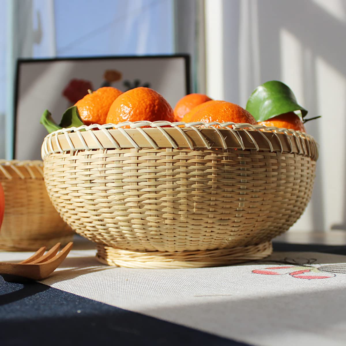 Elsjoy Set of 3 Wicker Woven Storage Basket, Bamboo Bread Basket Round Rattan Serving Basket Farmhouse Decor for Fruits, Vegetables, Potatoes, Stackable 9.6"/8"/7"