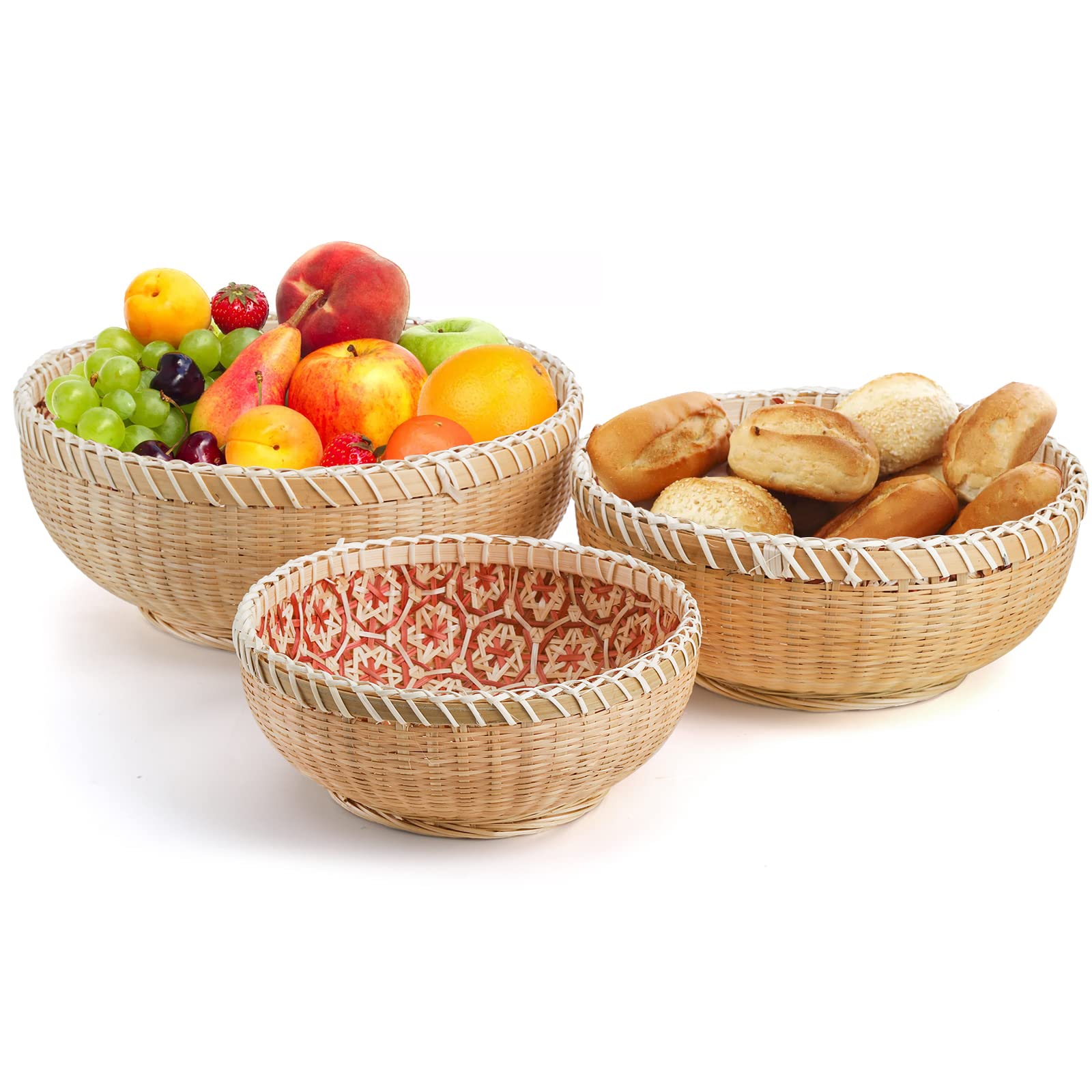 Elsjoy Set of 3 Wicker Woven Storage Basket, Bamboo Bread Basket Round Rattan Serving Basket Farmhouse Decor for Fruits, Vegetables, Potatoes, Stackable 9.6"/8"/7"