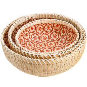 Elsjoy Set of 3 Wicker Woven Storage Basket, Bamboo Bread Basket Round Rattan Serving Basket Farmhouse Decor for Fruits, Vegetables, Potatoes, Stackable 9.6"/8"/7"