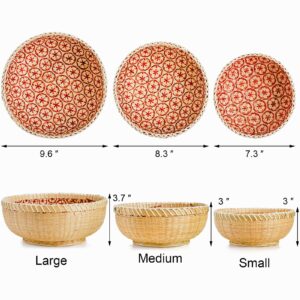 Elsjoy Set of 3 Wicker Woven Storage Basket, Bamboo Bread Basket Round Rattan Serving Basket Farmhouse Decor for Fruits, Vegetables, Potatoes, Stackable 9.6"/8"/7"