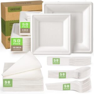 gezond compostable paper plates set 300pcs disposable sugarcane plates 10 inch eco-friendly white square plates with napkins biodegradable heavy-duty utensils for party