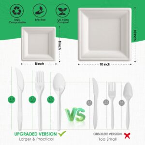 Gezond Compostable Paper Plates Set 300pcs Disposable Sugarcane Plates 10 Inch Eco-friendly White Square Plates with Napkins Biodegradable Heavy-duty Utensils for Party