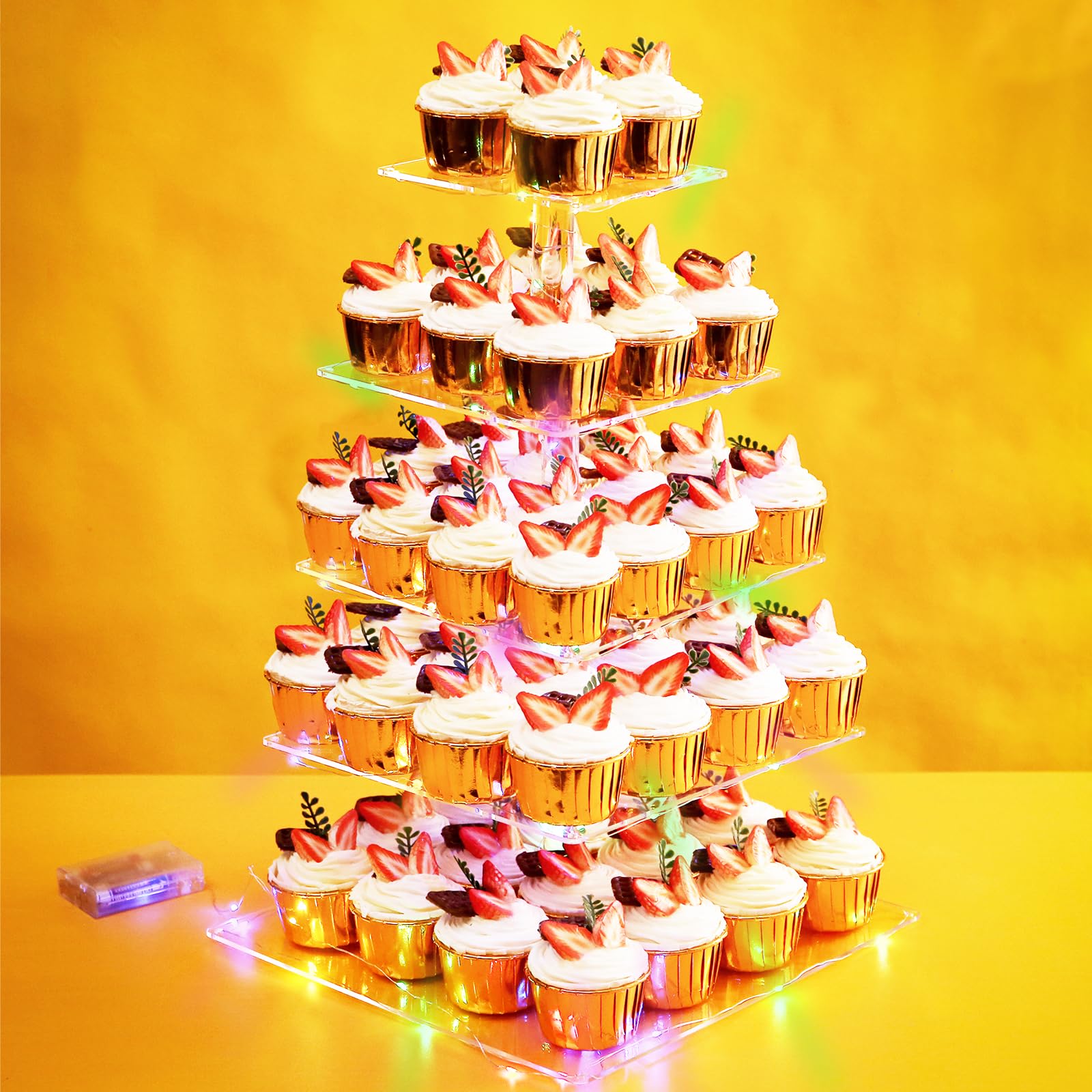 Kimdee 5 Tier Square Cupcake Stand Acrylic Cupcake Tower Display with Colorful LED Light