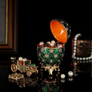 QIFU Vintage Green Faberge Egg Style Jewelry Trinket Box with Mini Royal Carriage, Unique Gift for Easter Collection