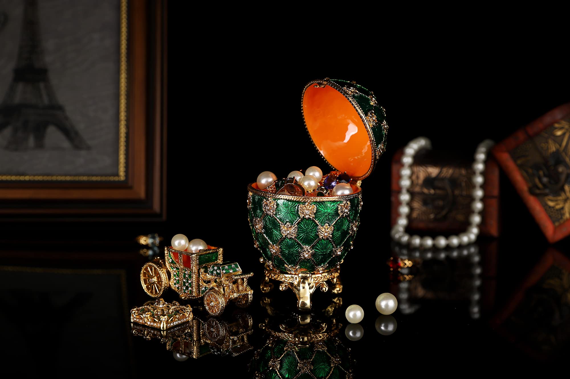 QIFU Vintage Green Faberge Egg Style Jewelry Trinket Box with Mini Royal Carriage, Unique Gift for Easter Collection