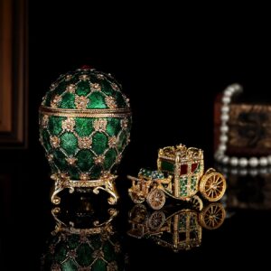 QIFU Vintage Green Faberge Egg Style Jewelry Trinket Box with Mini Royal Carriage, Unique Gift for Easter Collection