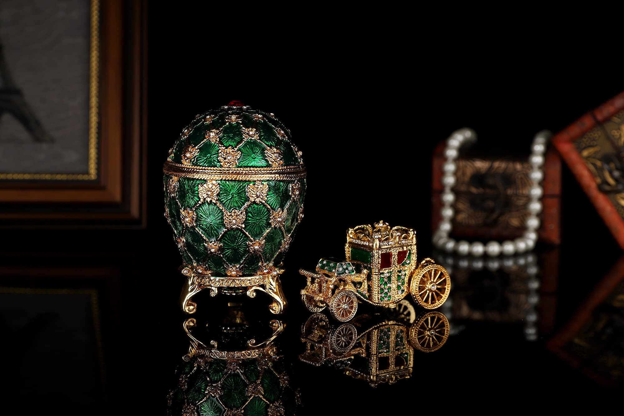 QIFU Vintage Green Faberge Egg Style Jewelry Trinket Box with Mini Royal Carriage, Unique Gift for Easter Collection