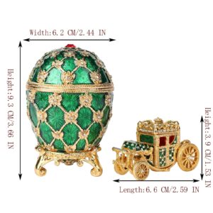 QIFU Vintage Green Faberge Egg Style Jewelry Trinket Box with Mini Royal Carriage, Unique Gift for Easter Collection