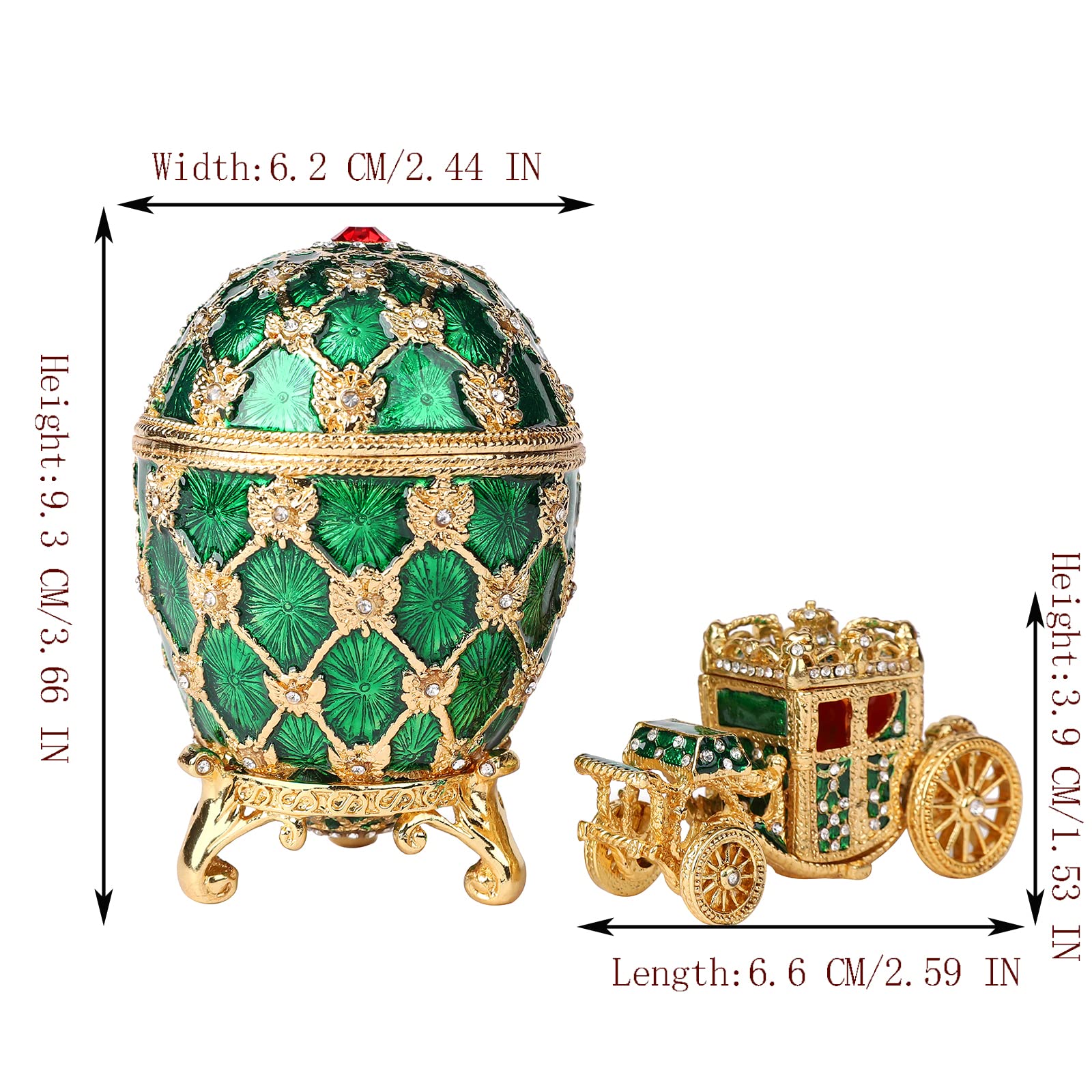 QIFU Vintage Green Faberge Egg Style Jewelry Trinket Box with Mini Royal Carriage, Unique Gift for Easter Collection