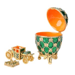 QIFU Vintage Green Faberge Egg Style Jewelry Trinket Box with Mini Royal Carriage, Unique Gift for Easter Collection